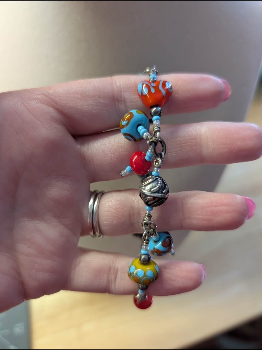 Handmade Multicolor Glass Bead Bracelet - Blue, Red, Orange, Yellow